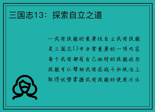 三国志13：探索自立之道